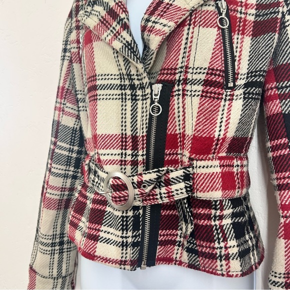 Express Y2K Red White Black Plaid Wool Blend Jacket M Belted Preppy Clueless - Picture 4 of 11